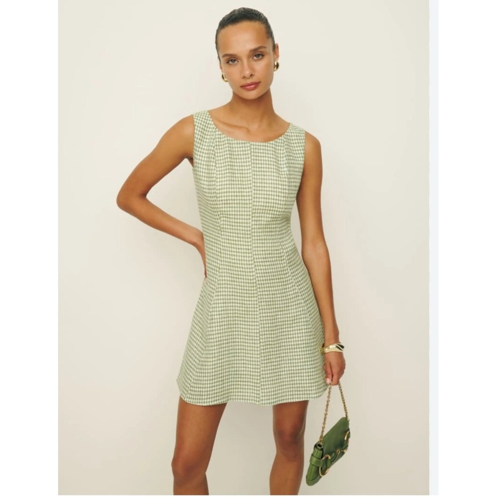 Reformation Amorette Linen Dress Avocado Check Gingham Open Back Mini Size 0